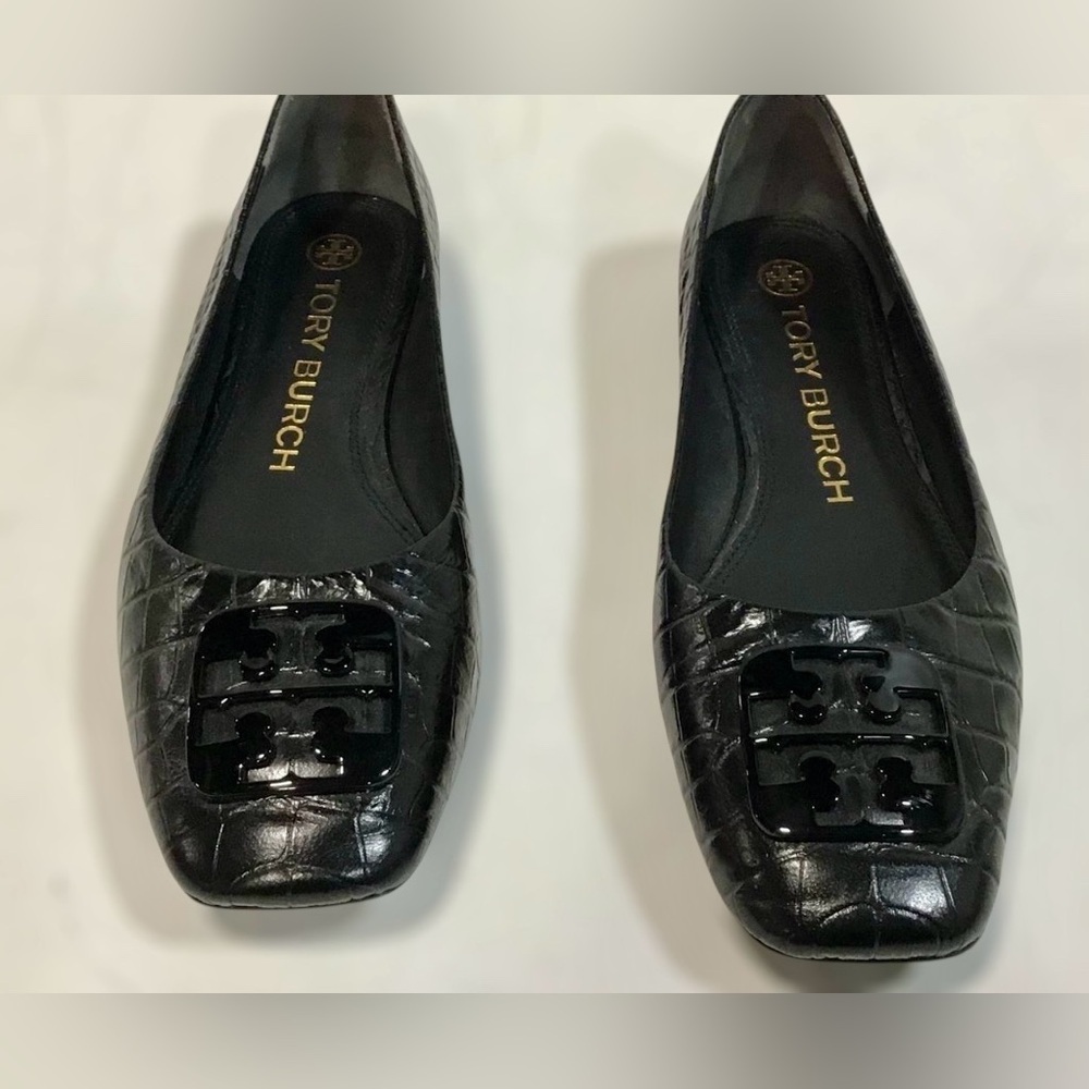 TORY BURCH Luxury Croc black Leather Georgia 25mm Medallion Logo Pumps Size 7M - Picture 3 of 7